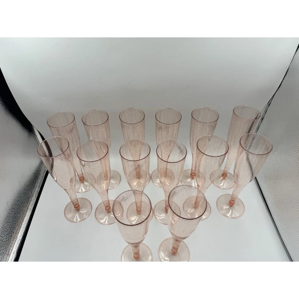 Set Of 14 Rose Gold Pink Disposable Glitter Plastic Champagne Glasses